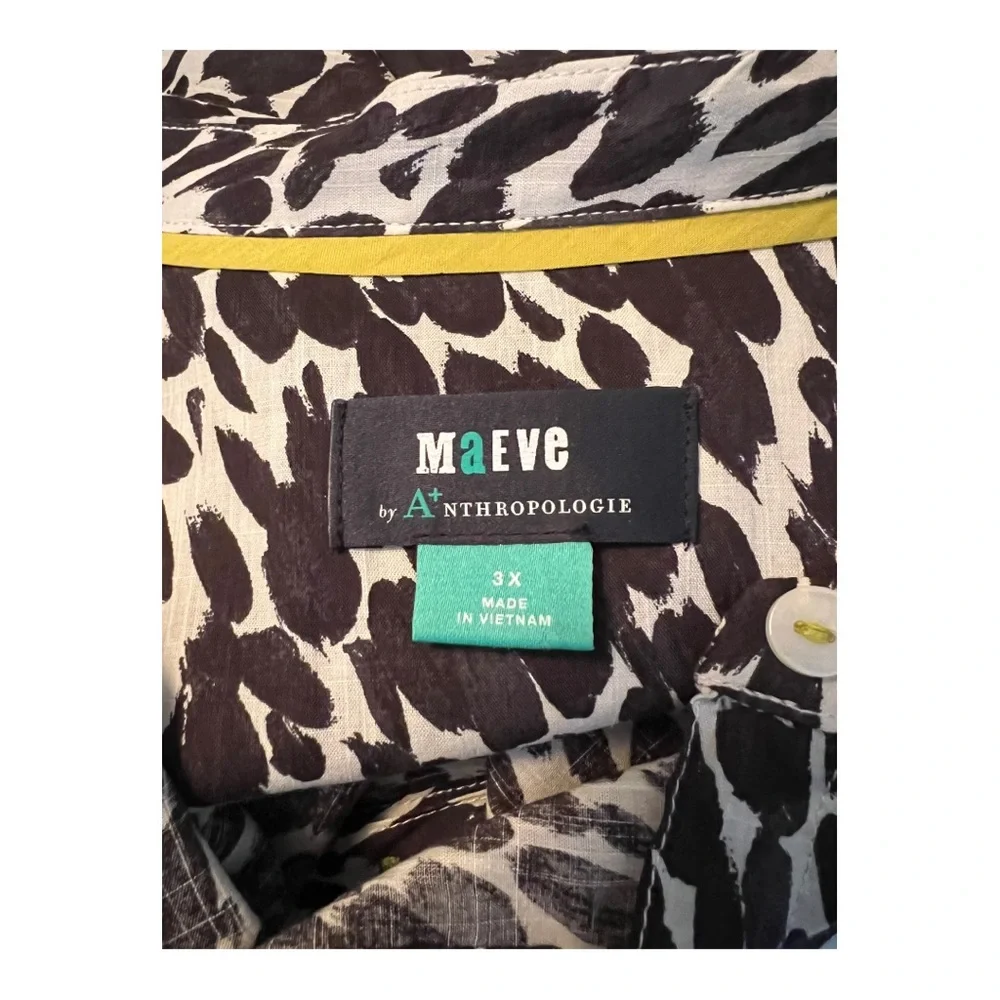 Anthropologie Maeve Blouse Ashleigh Puff-Sleeved 3x Black & White Animal Print